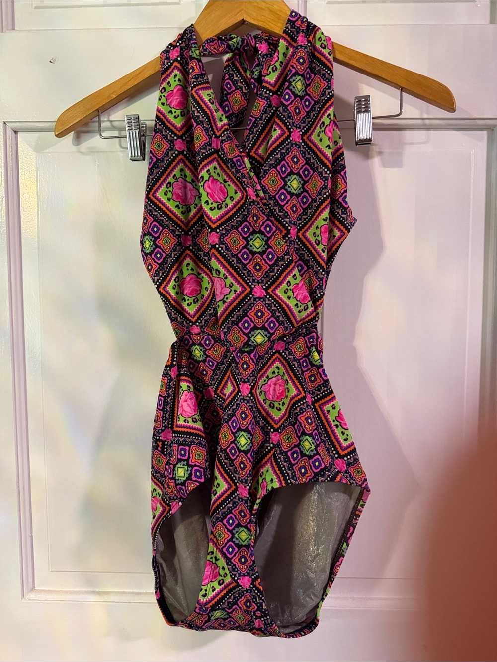 Betsey Johnson Pink, Green & Black Geometric Halter One-Piece
